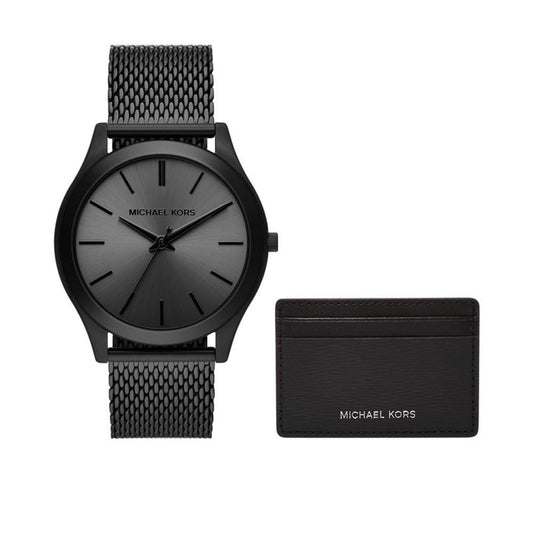 Men's Runway Three-Hand Black Stainless Steel Mesh Watch 44mm and Wallet Gift Set