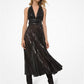 Leather Trim Sequined Tulle Halter Dress