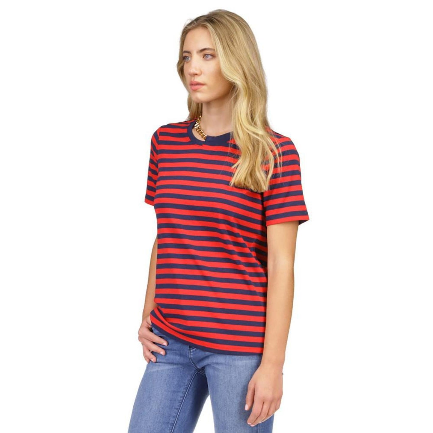 MICHAEL Women's Striped Chain-Neck T-Shirt