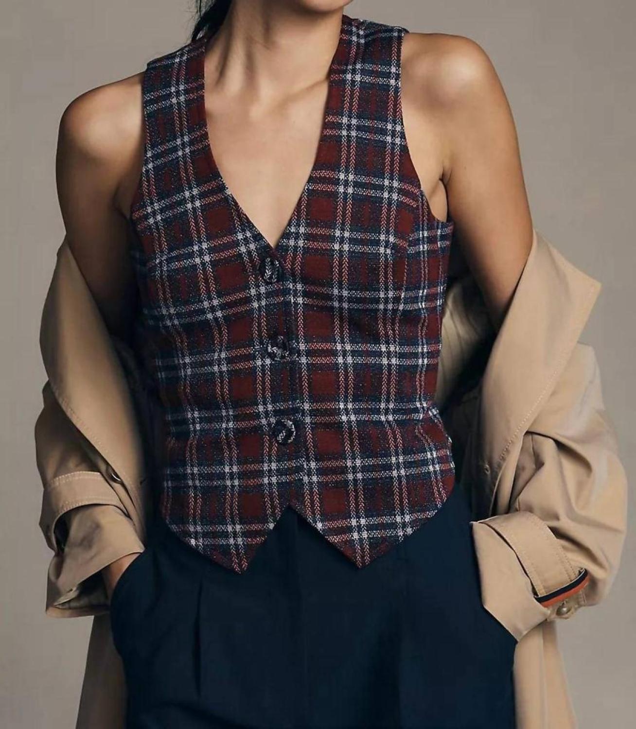 Plaid Button-Front Vest In Navy