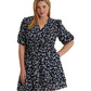 Plus Size Print Tie Front Cotton Puff-Sleeve Dress