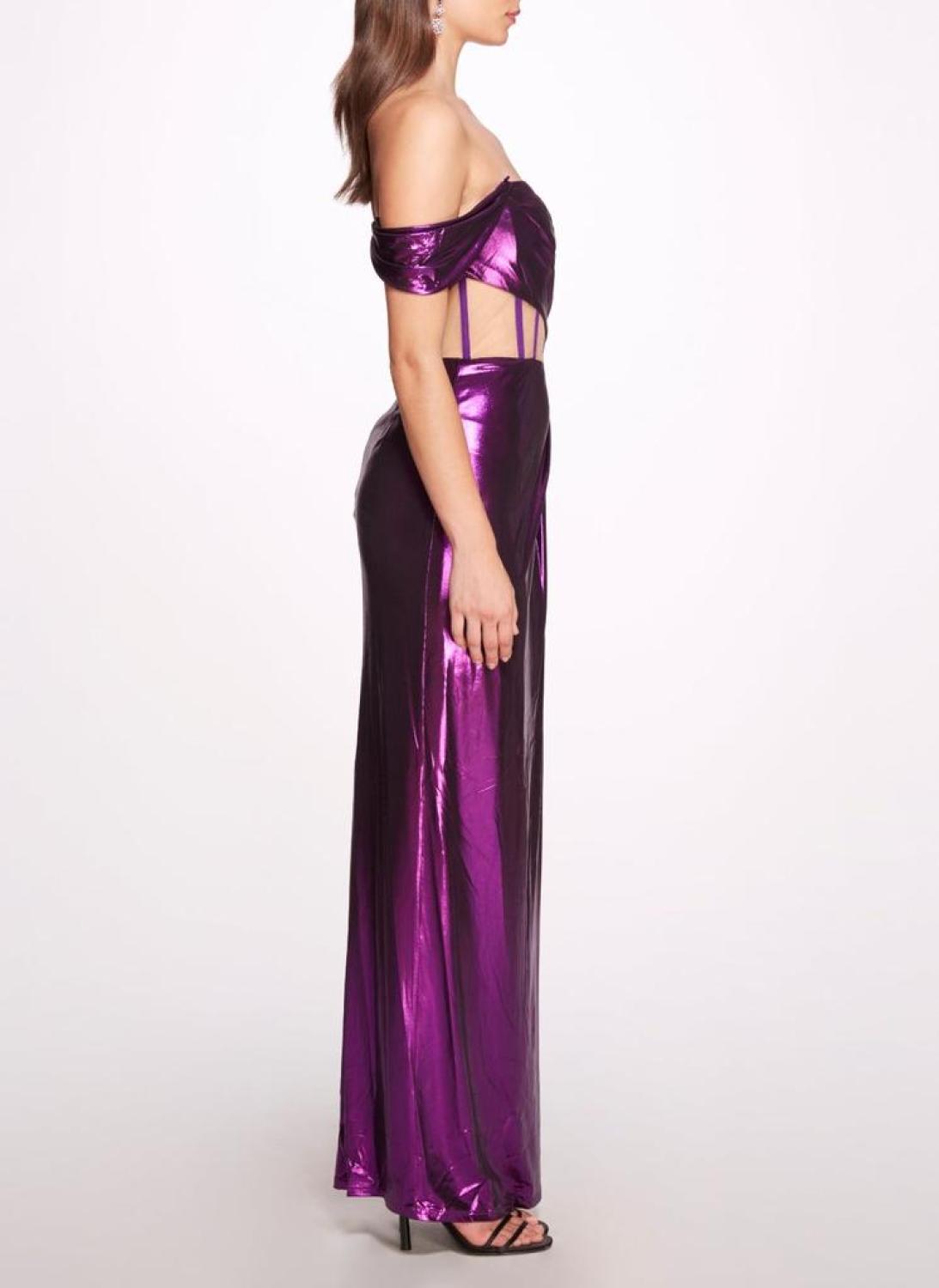 Off Shoulder LamÃ Gown With Draped Bodice