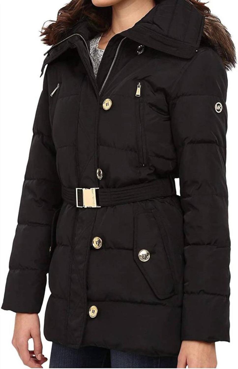Fur Trim Hooded Down Coat in Black
