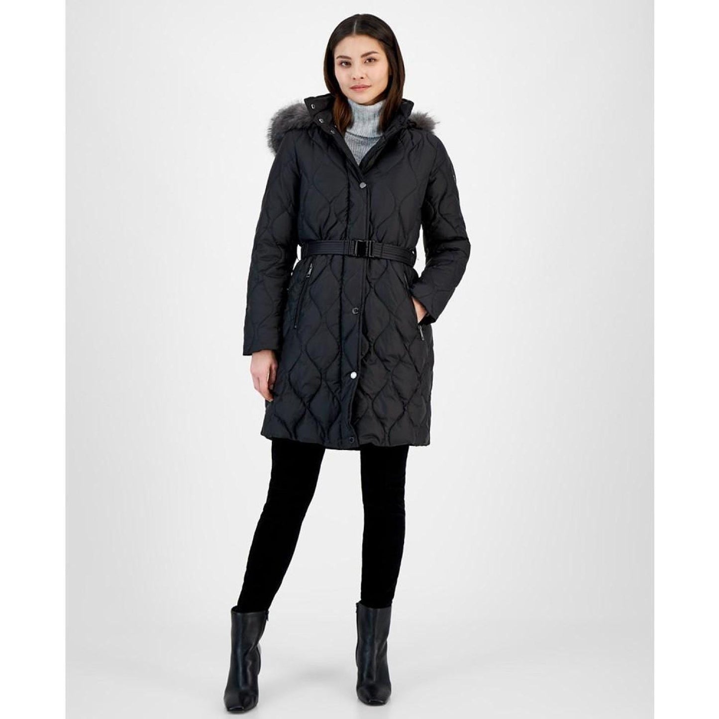 Women's Belted Faux-Fur-Trimmed Hooded Puffer Coat