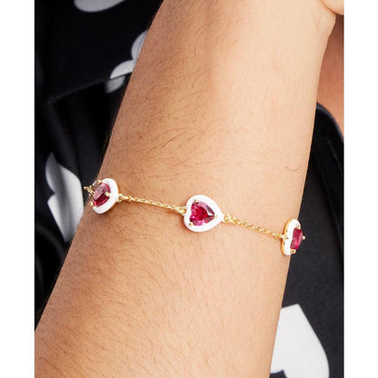 Gold-Tone White-Framed Red Crystal Heart Line Bracelet