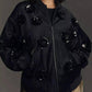 Velvet Floral Embroidered Bomber Jacket In Balck