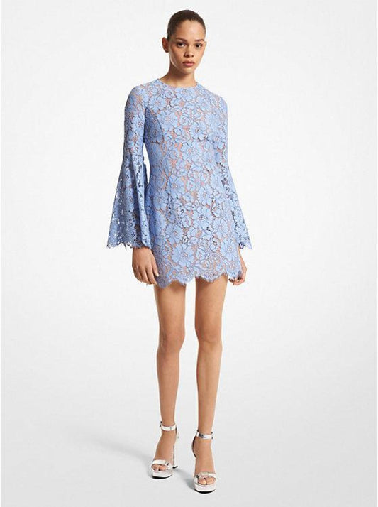 Cotton Blend Floral Lace Bell-Sleeve Dress