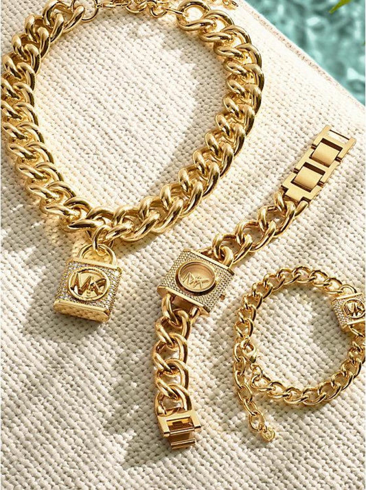 14K Gold-Plated Brass Pavé Lock Curb Link Bracelet