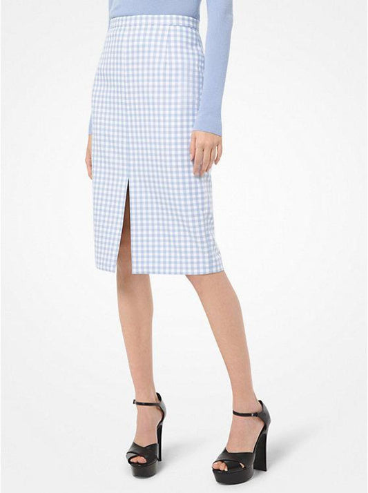 Gingham Cotton Slit-Front Pencil Skirt