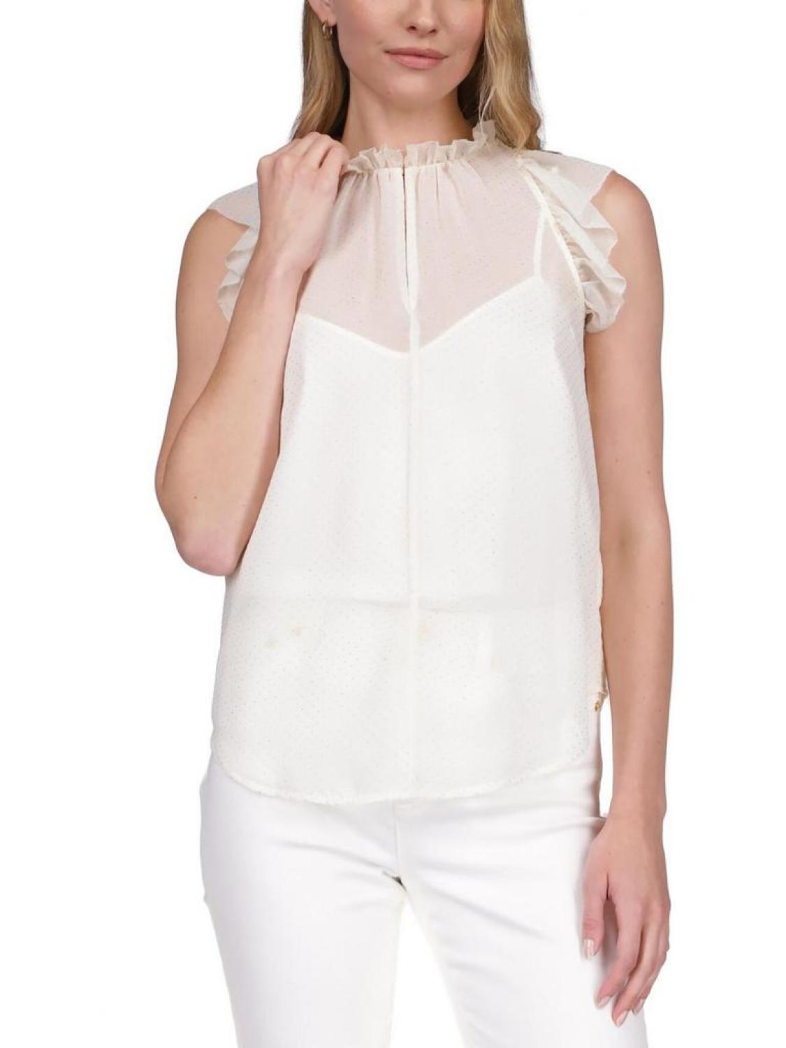 Petites Womens Chiffon Ruffled Blouse