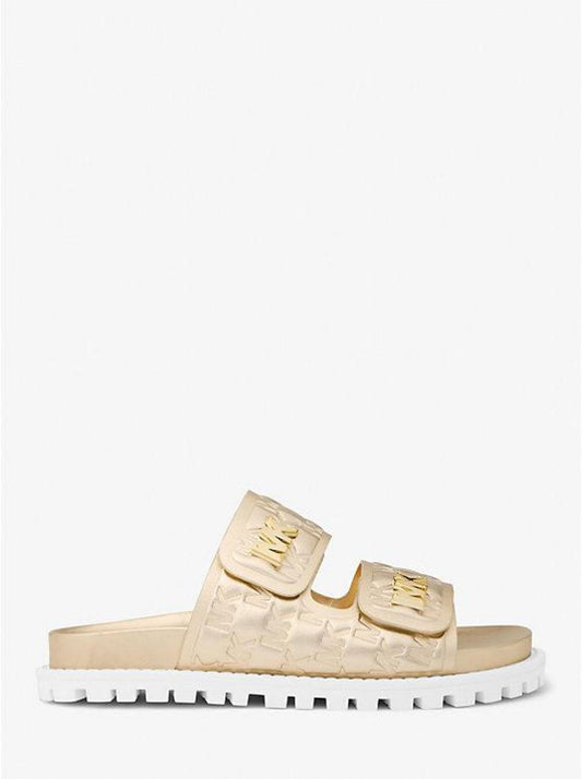 Stark Metallic Logo Embossed Faux Leather Slide Sandal