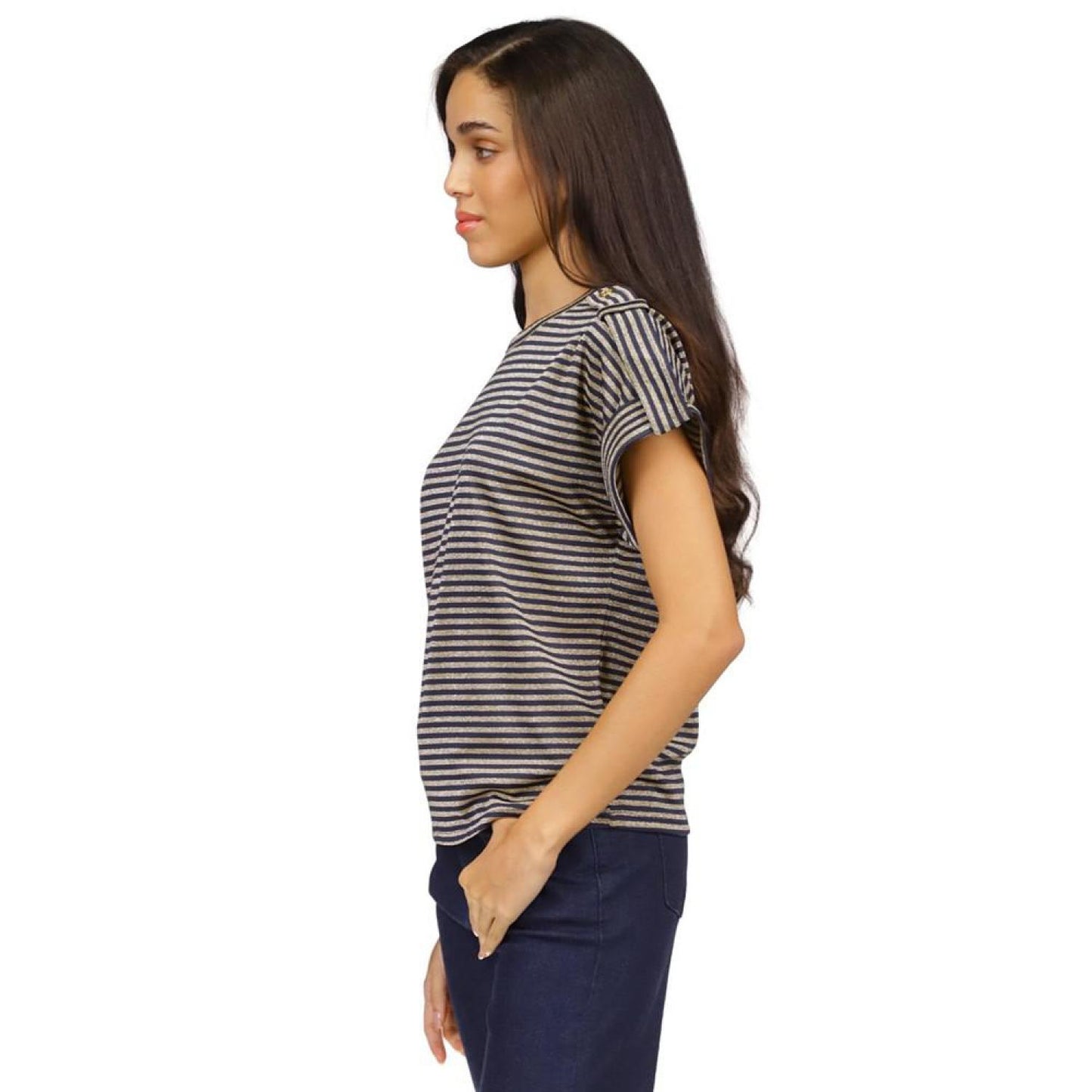 Women's Metallic-Stripe Epaulette Short-Sleeve Top