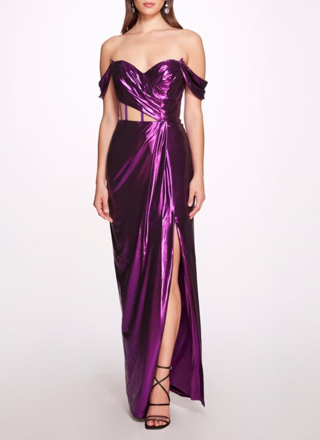 Off Shoulder LamÃ Gown With Draped Bodice