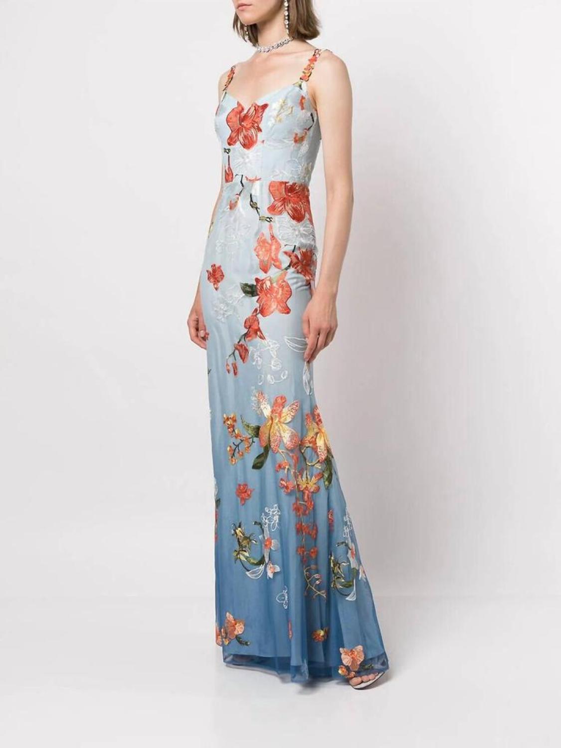 Ombré Embroidered Tulle Mermaid Gown In Dusty Blue