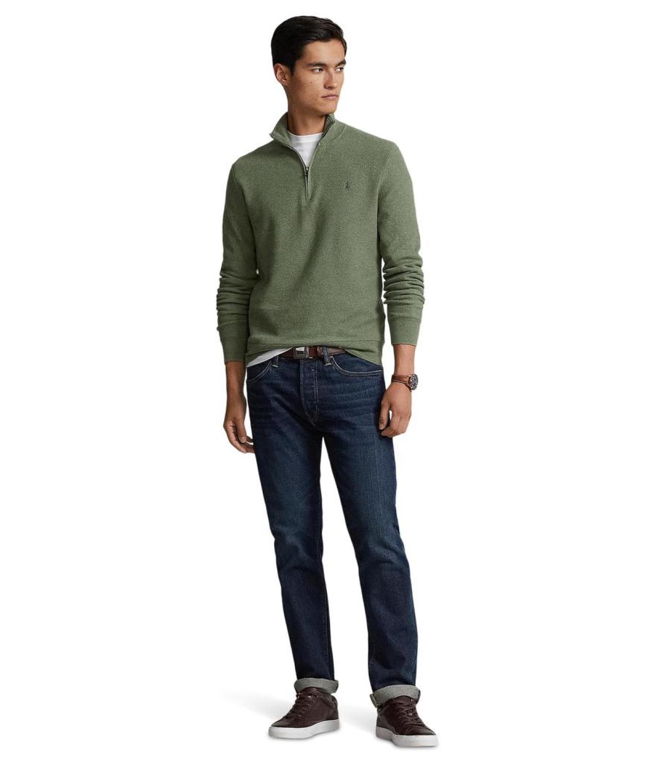 Mesh-Knit Cotton 1/4 Zip Sweater