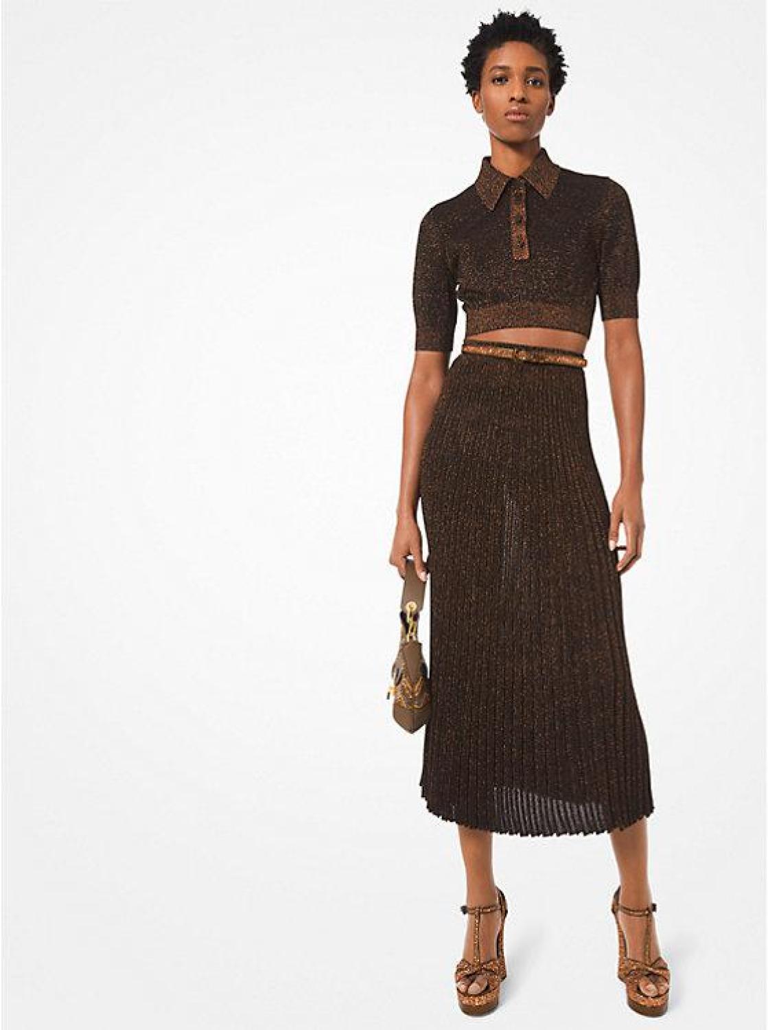 Metallic Knit Pleated Skirt