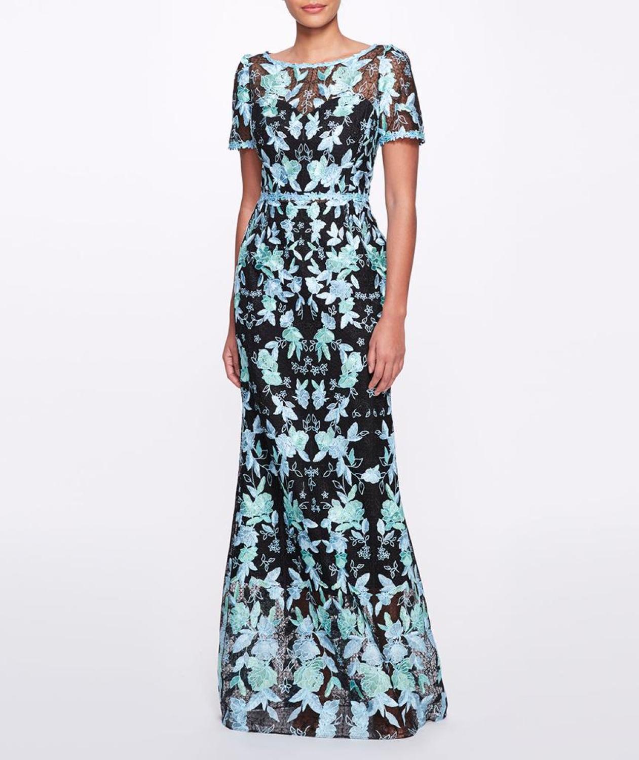 Short Sleeve Embroidered Tulle Gown