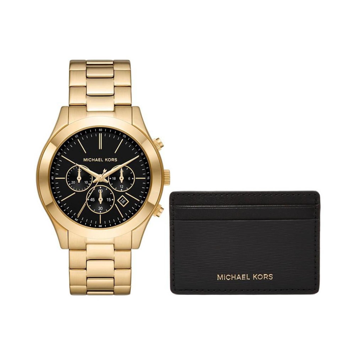 Men's Slim Runway Quartz Chronograph Gold-Tone Stainless Steel Watch 44mm and Slim Card Case Set