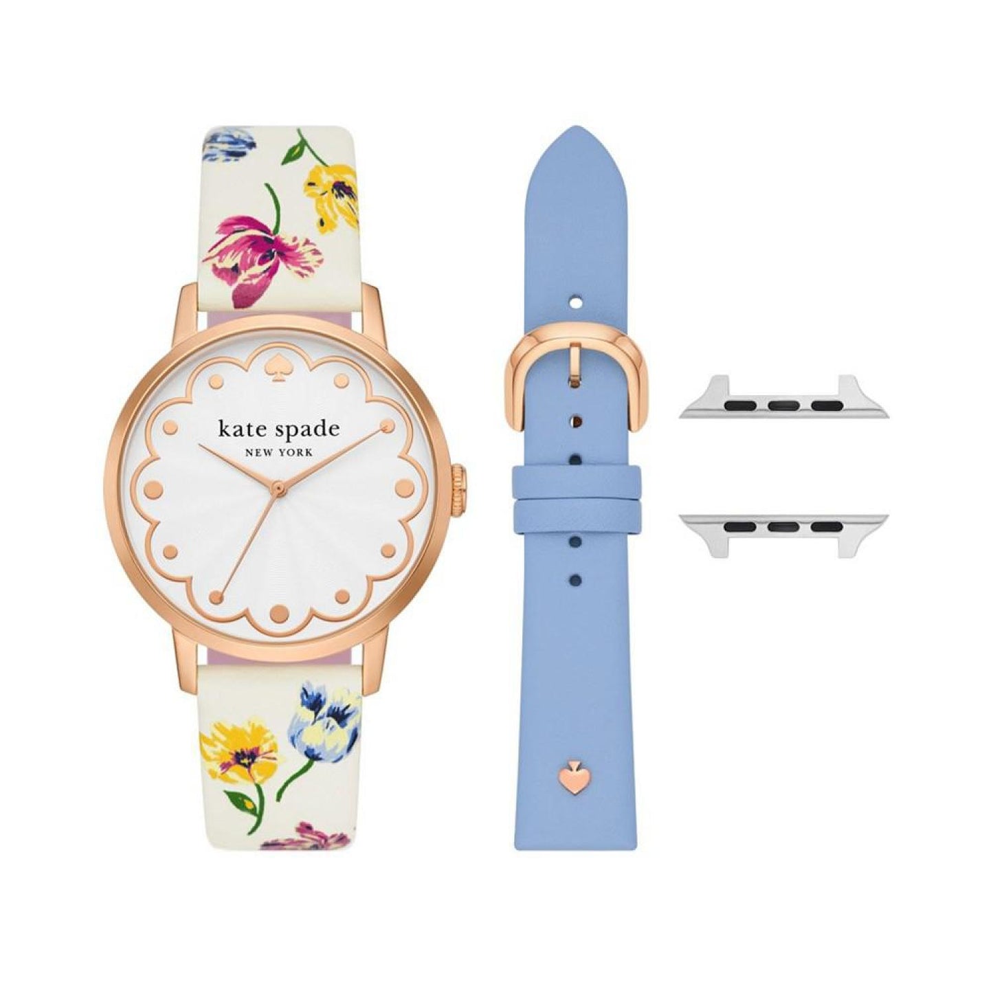 Women's Three Hand Quartz White Floral and Blue Leather Cross-Compatible Bands for Apple Watch, 38, 40, 41mm with Classic Watch Head Set, 38mm