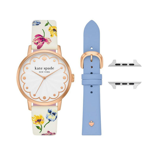 Women's Three Hand Quartz White Floral and Blue Leather Cross-Compatible Bands for Apple Watch, 38, 40, 41mm with Classic Watch Head Set, 38mm
