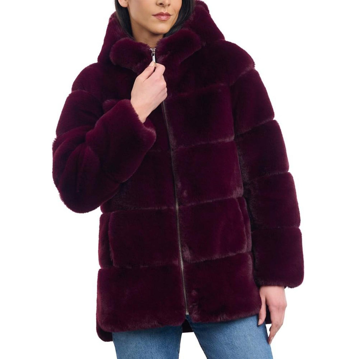 Women's Petite Hooded Faux-Fur Coat