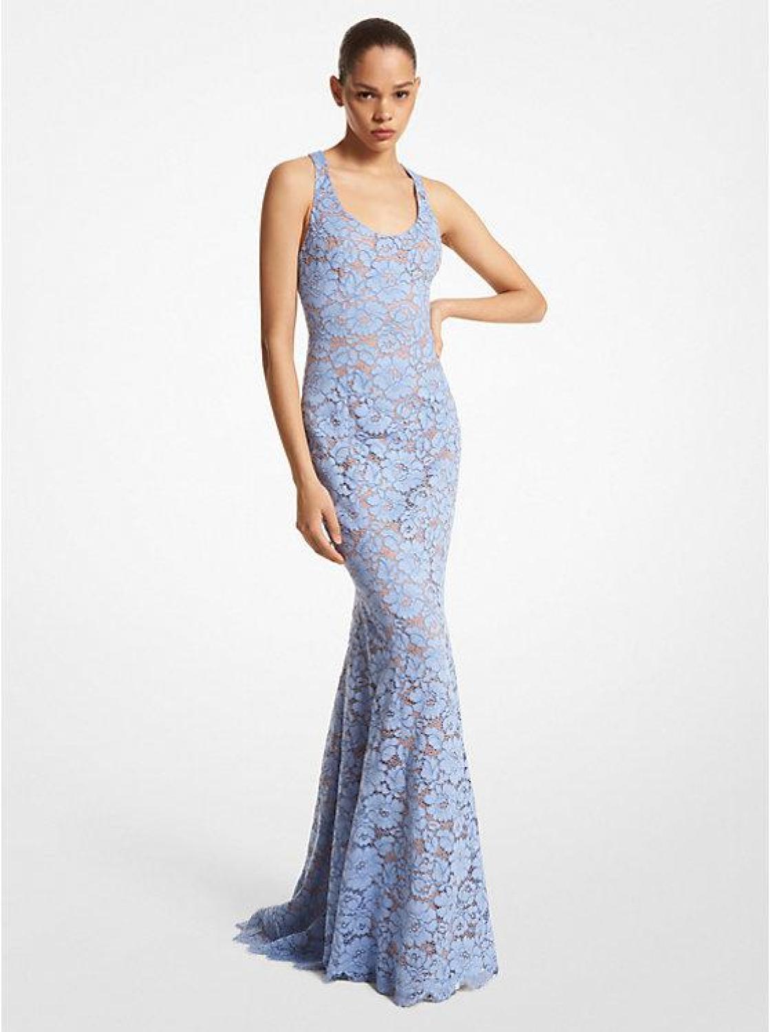 Cotton Blend Floral Lace Fishtail Gown