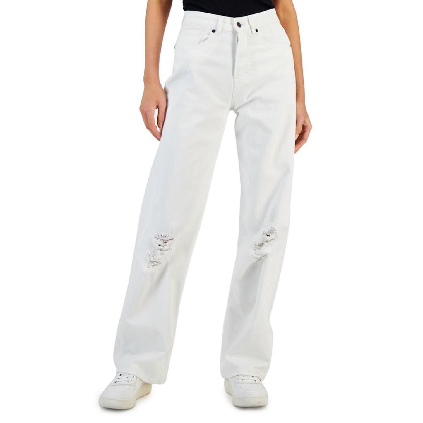 Women's White High-Rise Ripped Relaxed Denim Jeans