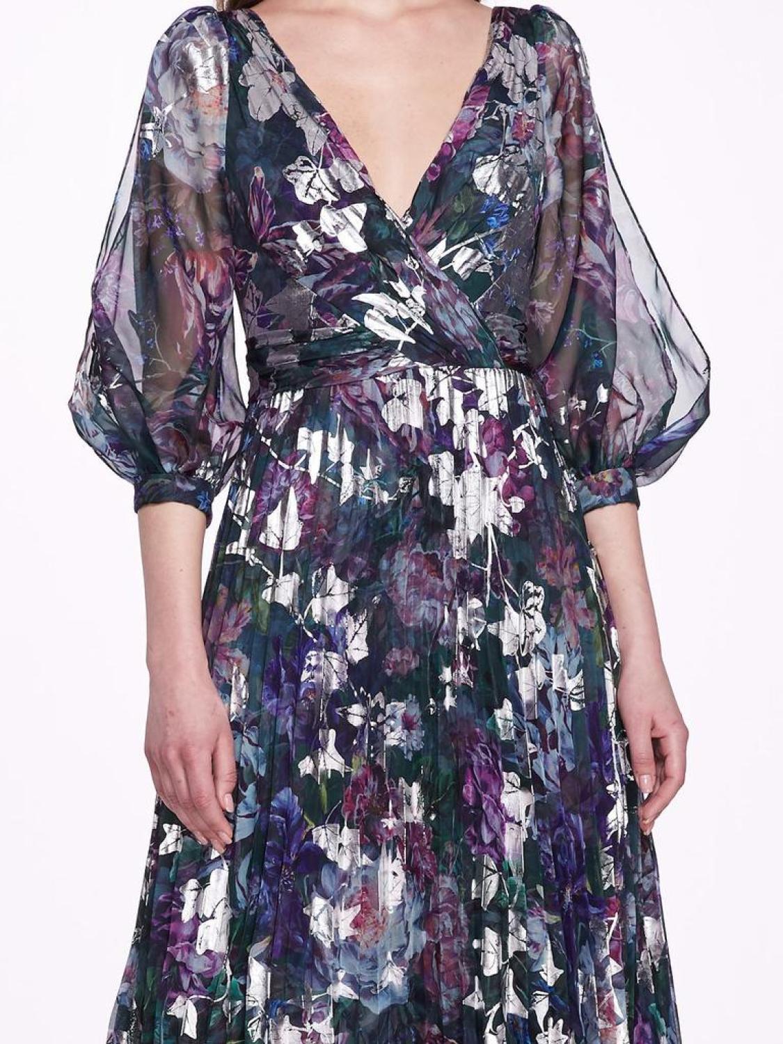 Pleated Printed Chiffon Gown
