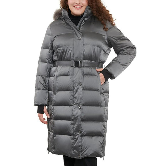 Women's Plus Size Shine Belted Faux-Fur-Trim Hooded Puffer Coat