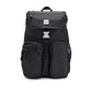 Flap-closure backpack with logo patch