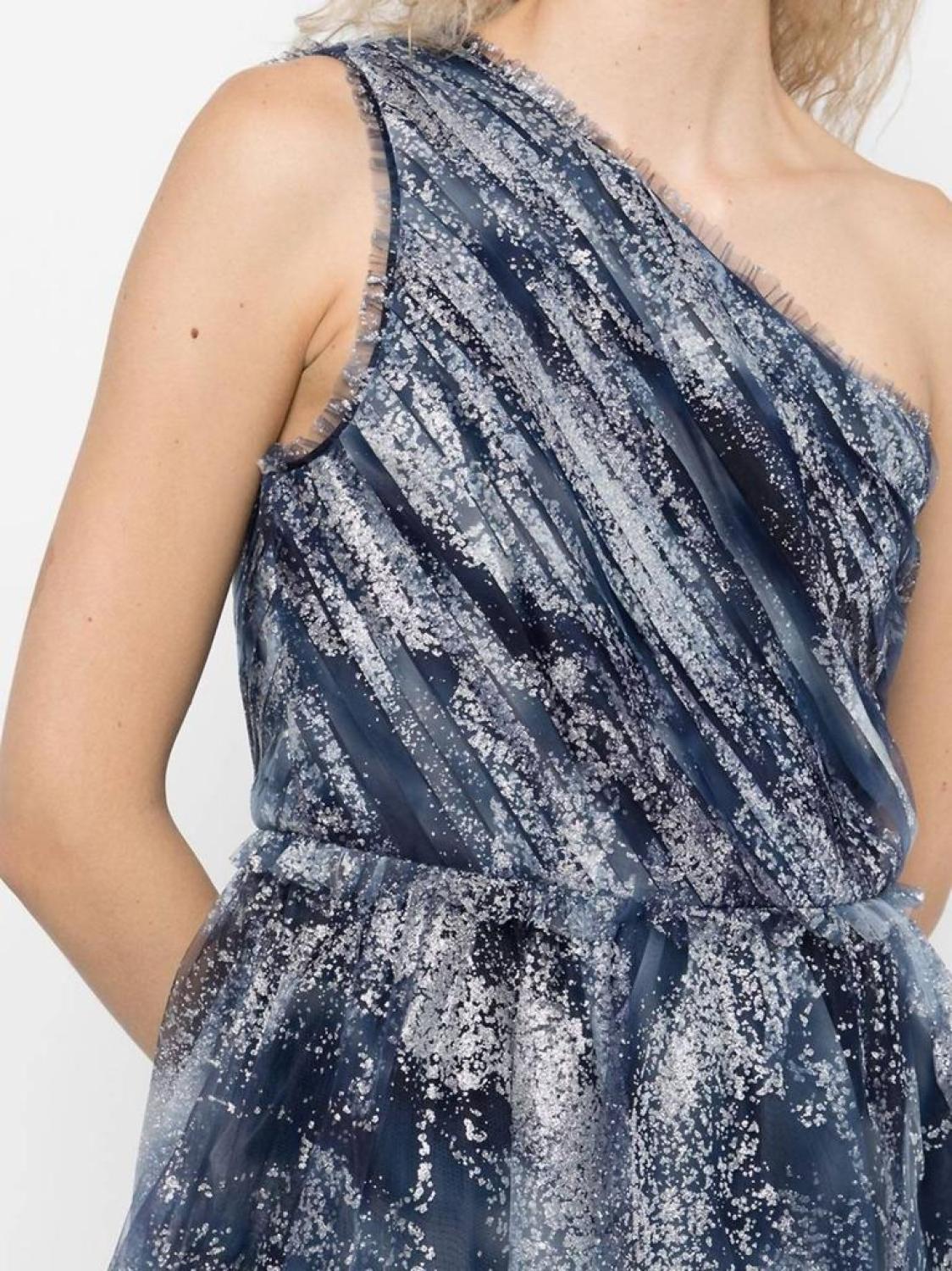 One-Shoulder Tulle Tea-Length Gown In Navy