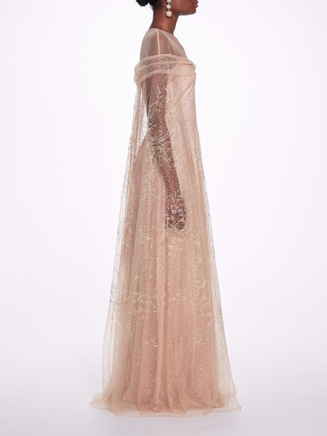 Off-Shoulder Glitter Cape Gown