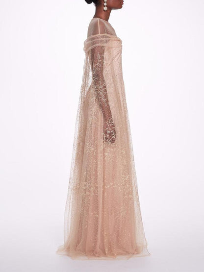 Off-Shoulder Glitter Cape Gown
