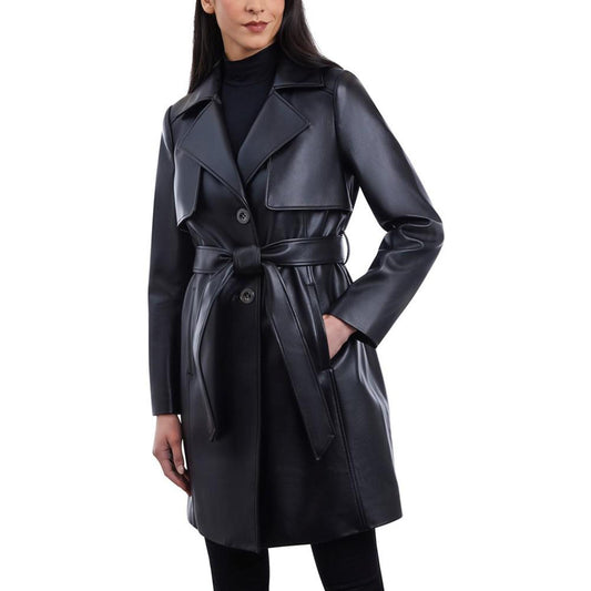 Women's Belted Faux-Leather Trench Coat