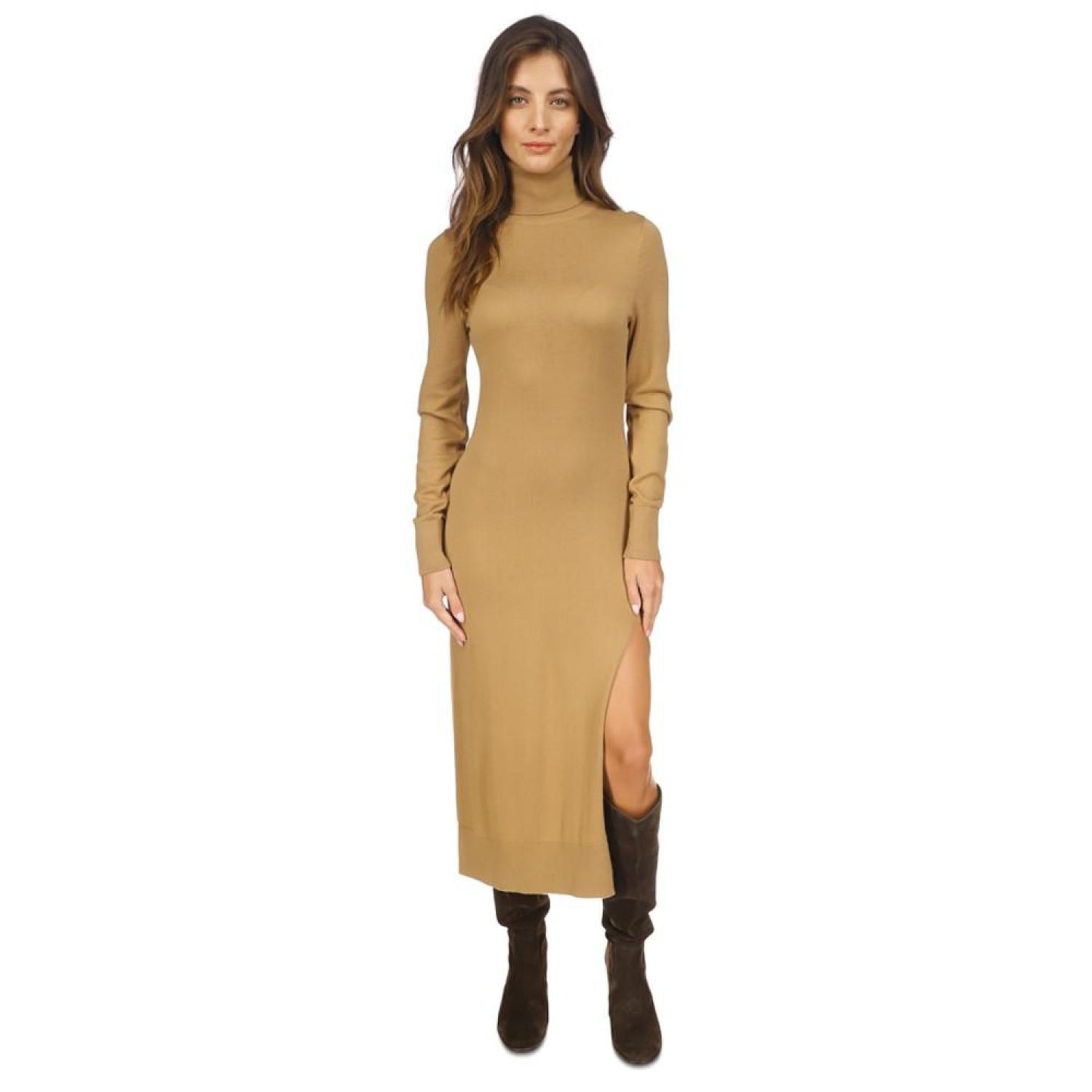 Women's Turtleneck Slit Midi Sweater Dress, Regular & Petite