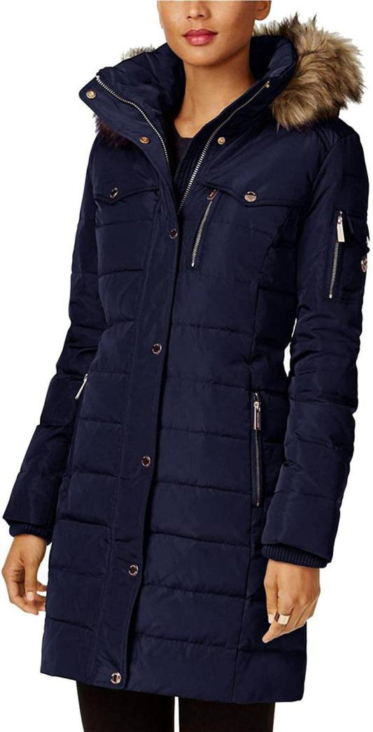 3/4 Down Coat With Faux Fur Hood in Navy Blue