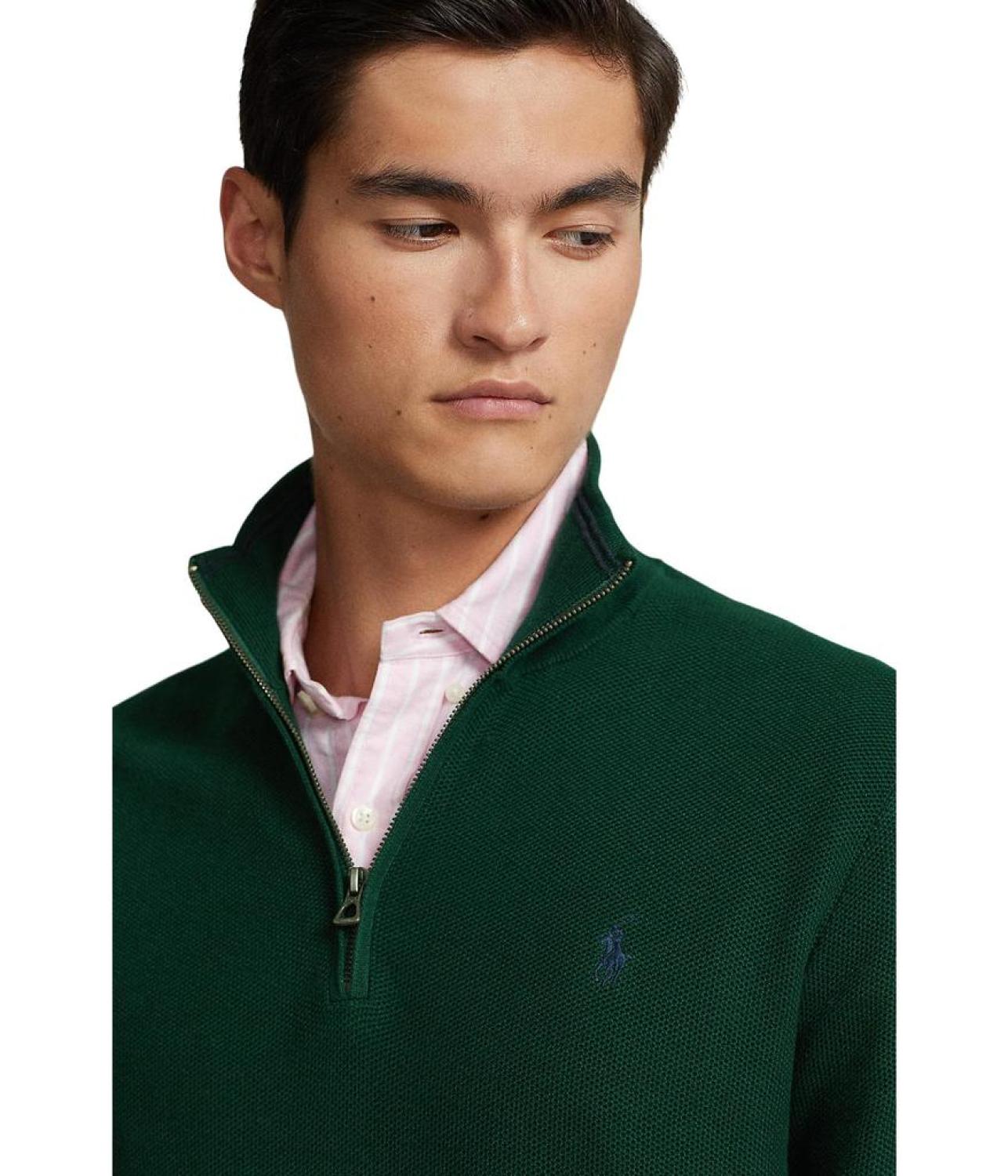 Mesh-Knit Cotton 1/4 Zip Sweater