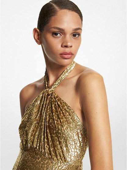 Leopard Metallic Fil Coupé Halter Gown