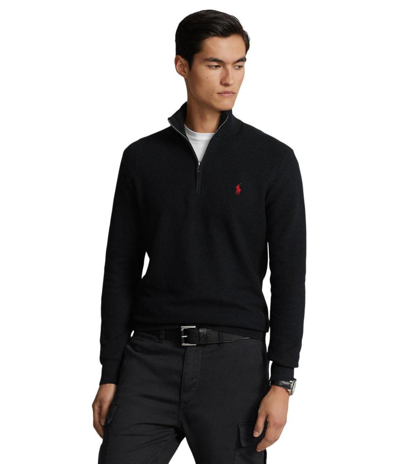 Mesh-Knit Cotton 1/4 Zip Sweater