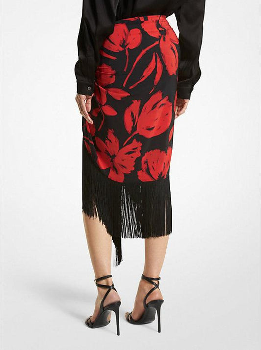 Brushstroke Floral Silk Crepe De Chine Fringed Sarong Skirt