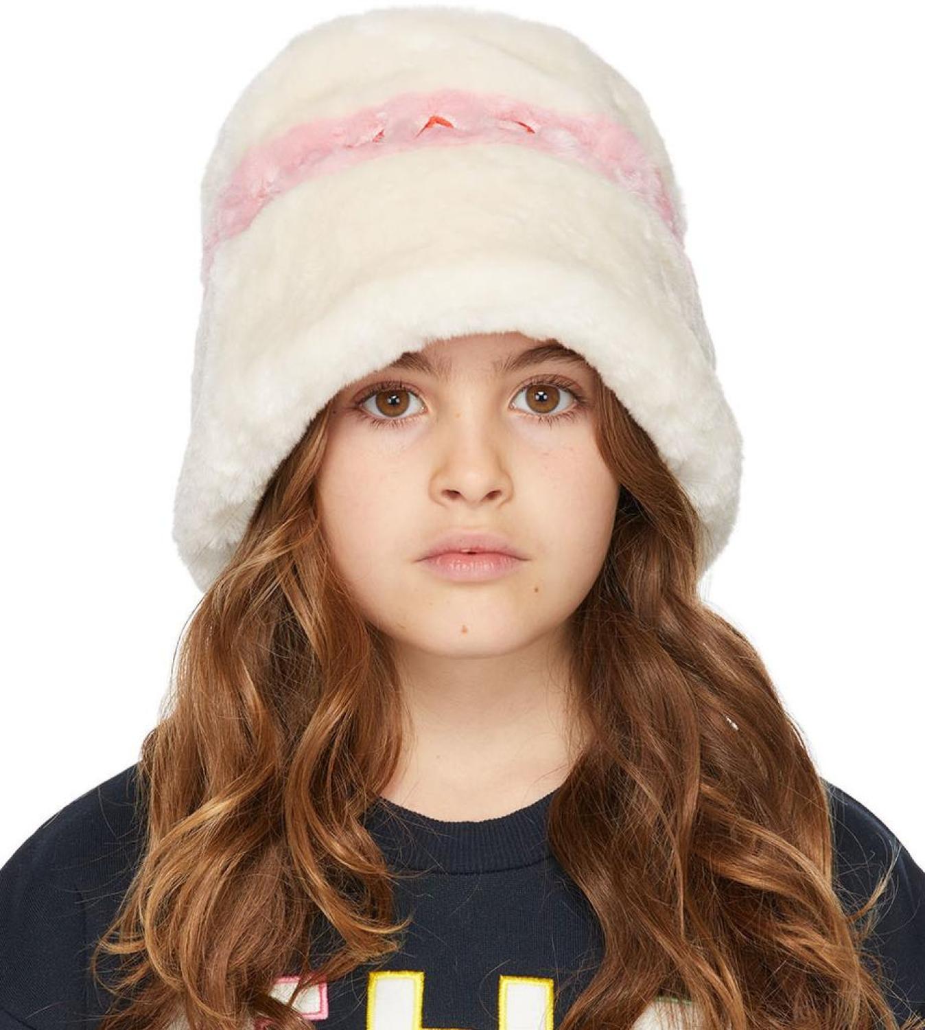 Kids Off-White & Pink Faux-Fur Bucket Hat