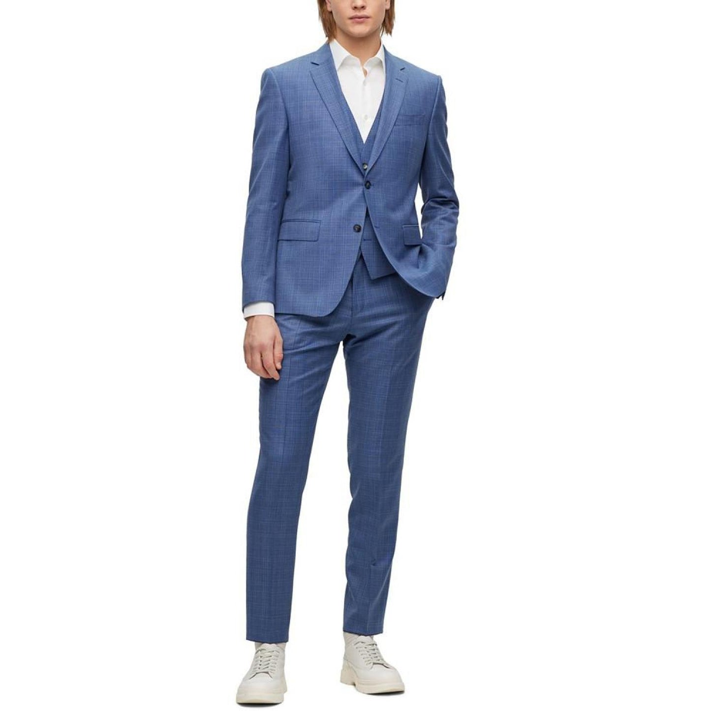 Men's Slim-Fit Checked Wool Serge Suit, 2 Piece Set