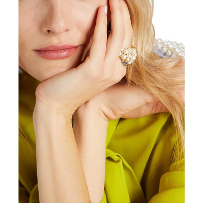 Gold-Tone Mixed Cubic Zirconia & Imitation Pearl Cluster Statement Ring