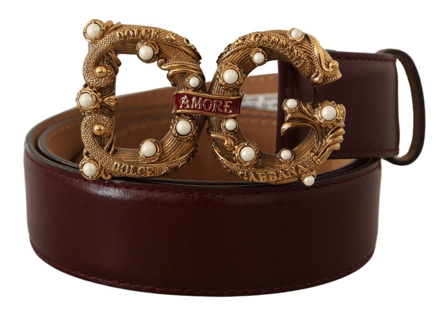Dolce & Gabbana Bordeaux Leather Brass Logo Buckle Baroque Amore Belt