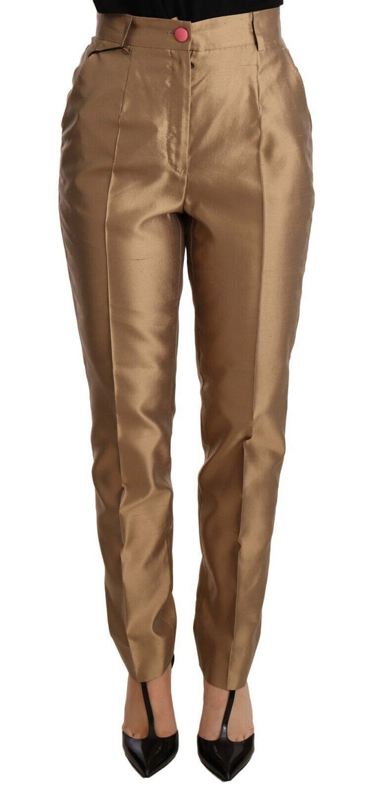 Dolce & Gabbana Elegant Tapered Silk Trousers in Gold