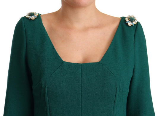 Dolce & Gabbana Emerald Green Midi Sheath Dress with Crystal Brooch