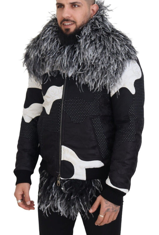 Dolce & Gabbana Elegant Shearling Zip Jacket in Black & White